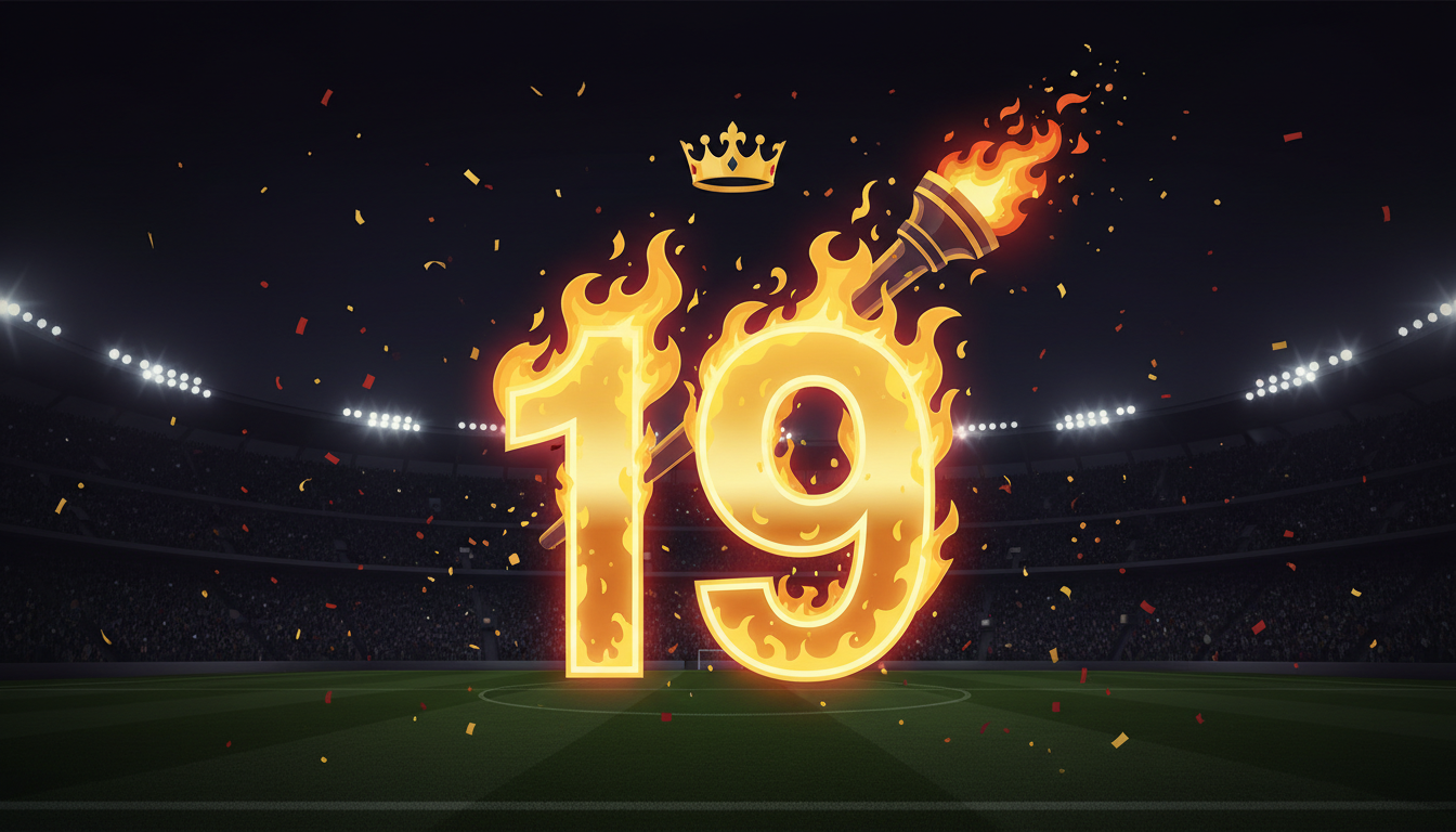Burning 19 with crown over a stadium